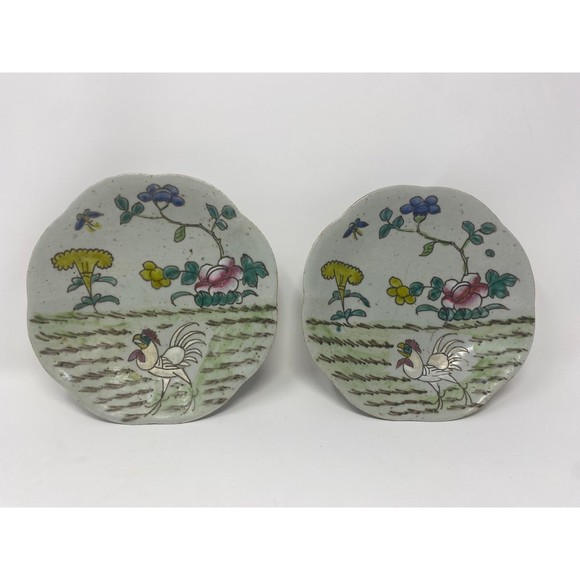 Antique Handmade Handpainted Earthenware China Rooster Set of Bowls Plates 7” - Picture 1 of 7